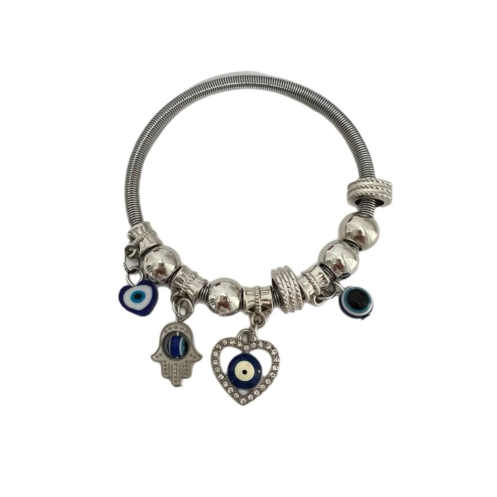 Stainless Steel Hamsa Hand And Evil Eye Charms Bracelet Snake Chain Stretch